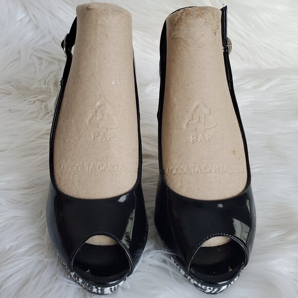 Audrey Brooke Black/White Espadrilles Peep Toe Wedge Sandals SZ 8 - Picture 6 of 14